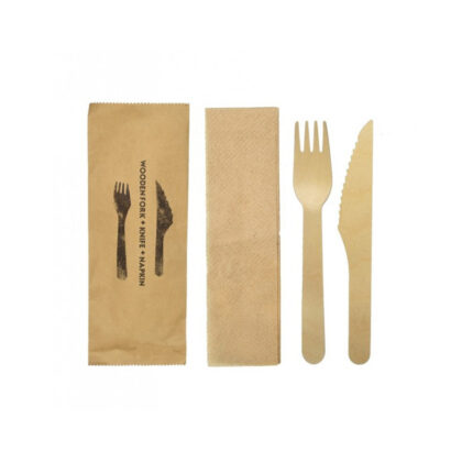 WOODEN CUTLERY SET (Fork, Knife, Napkin) 100 Pieces